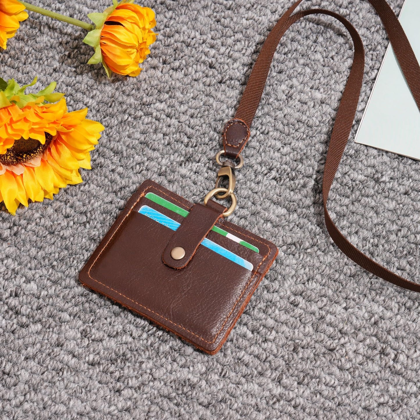 Wonderpool Leather Horizontal Badge Holder with Detachable Neck Lanyard and Retractable Badge Reel Clip, Card Slots Case ID Card Holder for ID Badges Card and Driver Licence (Coffee)