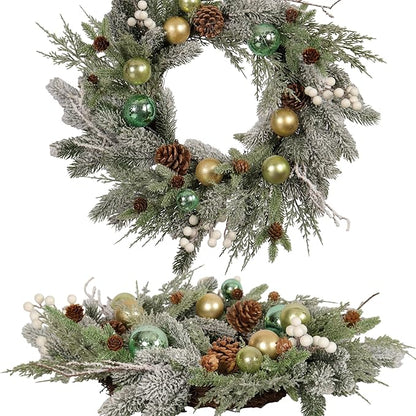 Holiday Christmas Wreath for Front Door, Snow Flocked 22-inch Artificial Winter Wreath with Gold and Green Ornaments, Pinecones and White Berries - Indoor & Outdoor Christmas Decoration