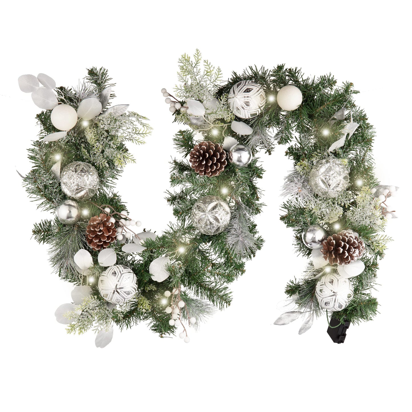 Valery Madelyn 6 Feet Pre-Lit Christmas Garland with Lights for Mantle, Lighted Outdoor Xmas Garland with Snowy White Ball Pinecones for Home Stairs Fireplace Table Centerpiece Indoor Holiday Decor