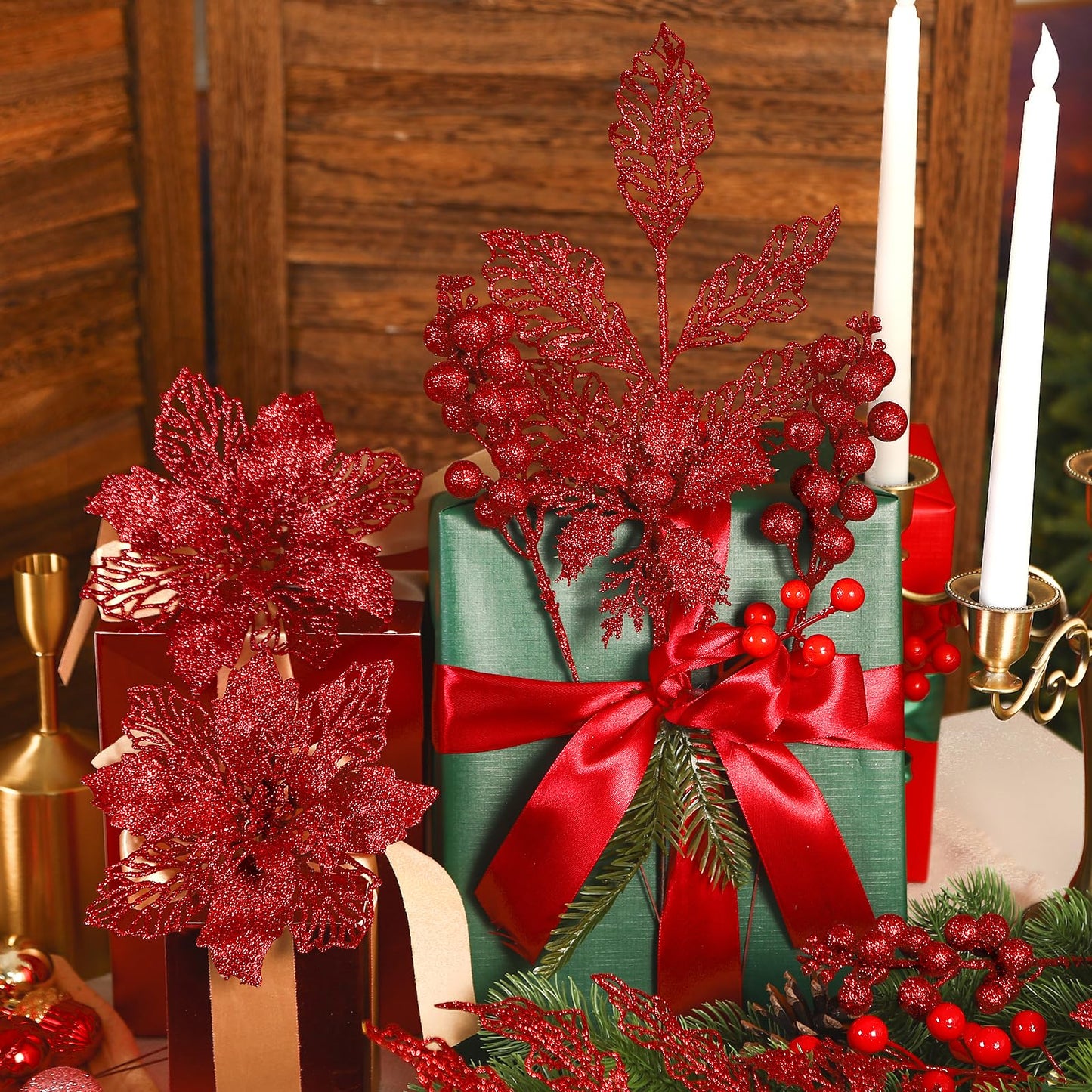 Alupssuc 24 PCS Christmas Tree Decorations, 12 PCS Poinsettia Flowers Artificial+6 PCS Glitter Holly Berry Stems+6 Berry Leaves Christmas Tree Picks for Party Wreath Fireplace, Red