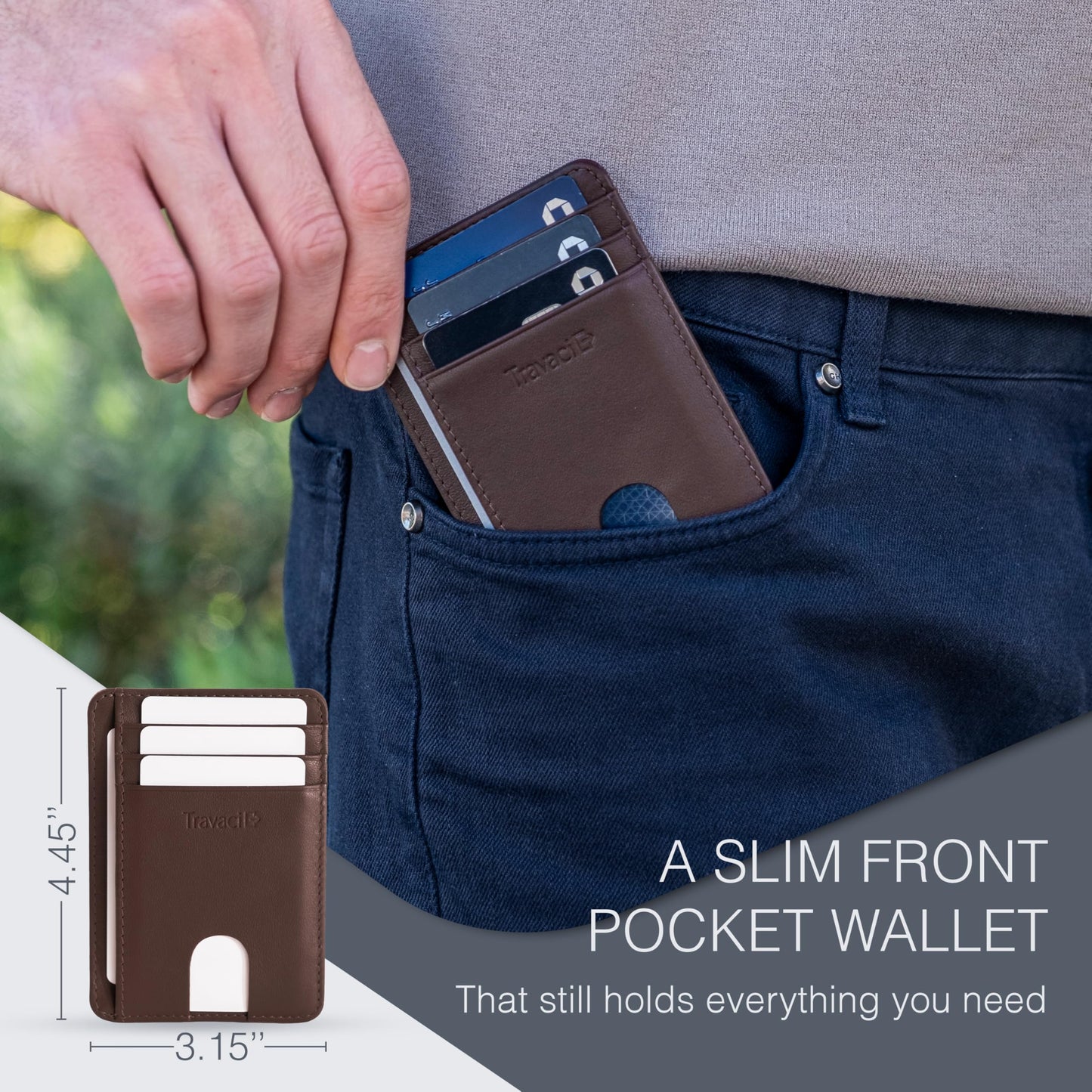 Travaci Full Grain Leather Slim Wallet for Men and Women - Small Minimalist Wallet and Leather Card Holder - Thin Front Pocket Credit Card Holder - Dark Brown