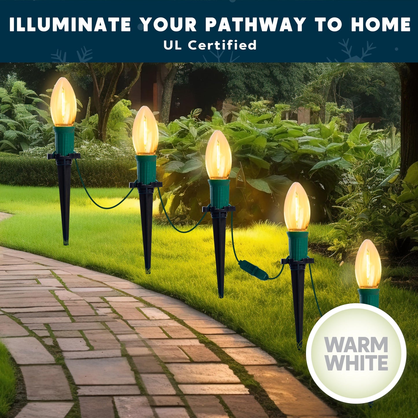 Joiedomi 24 Packs 30.75FT C9 Christmas Pathway Marker Lights, LED Warm White Waterproof Pathway Marker Outdoor Faceted Walkway Decor with Connectable for Holiday Xmas Yard Garden Lawn