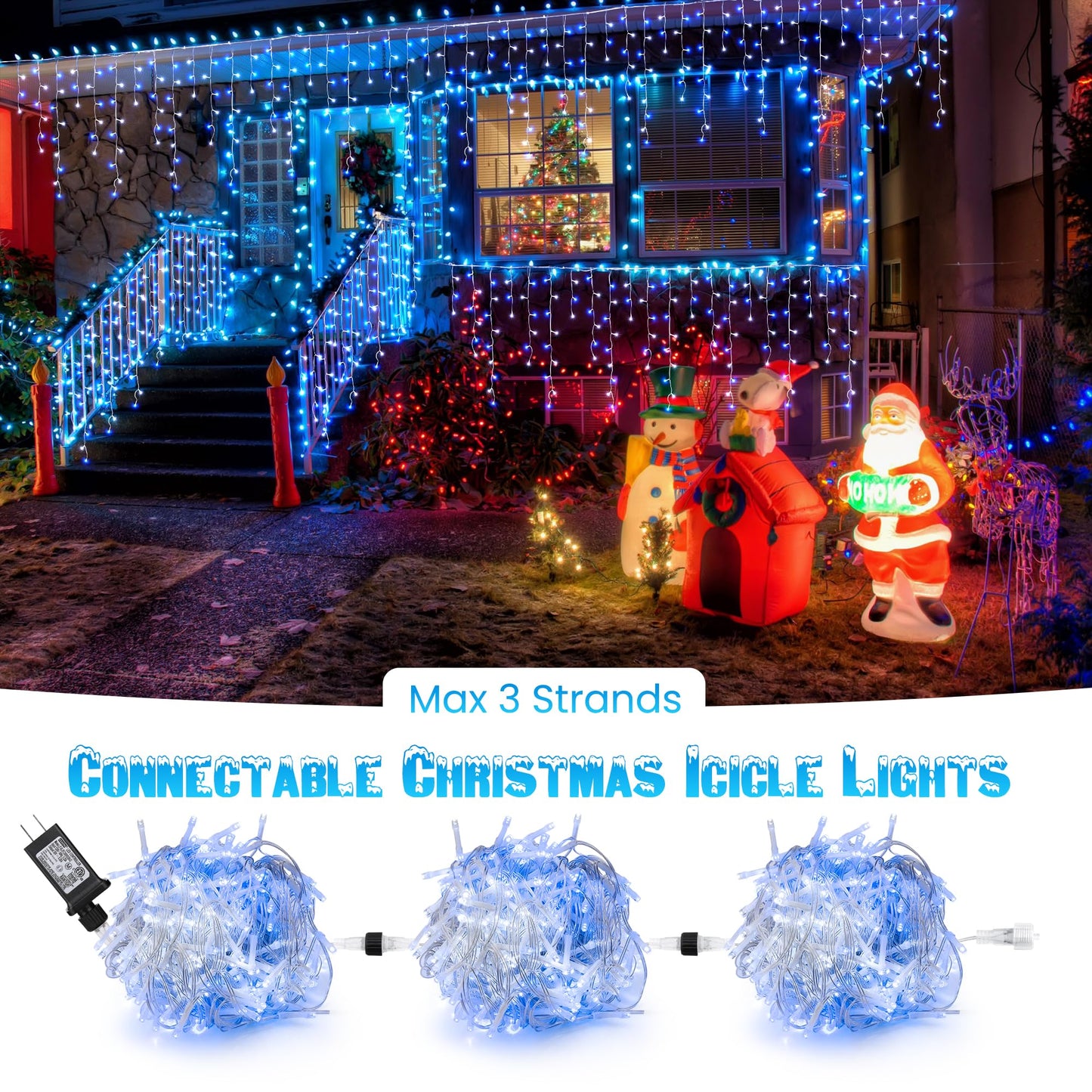 Toodour White & Blue Christmas Icicle Lights, 29.5ft 360 LED Icicle Lights, 8 Modes, 60 Drops, Window Curtain Led Christmas Light, Icicle Twinkle Light for Eaves, Party, Wedding, Xmas Decorations
