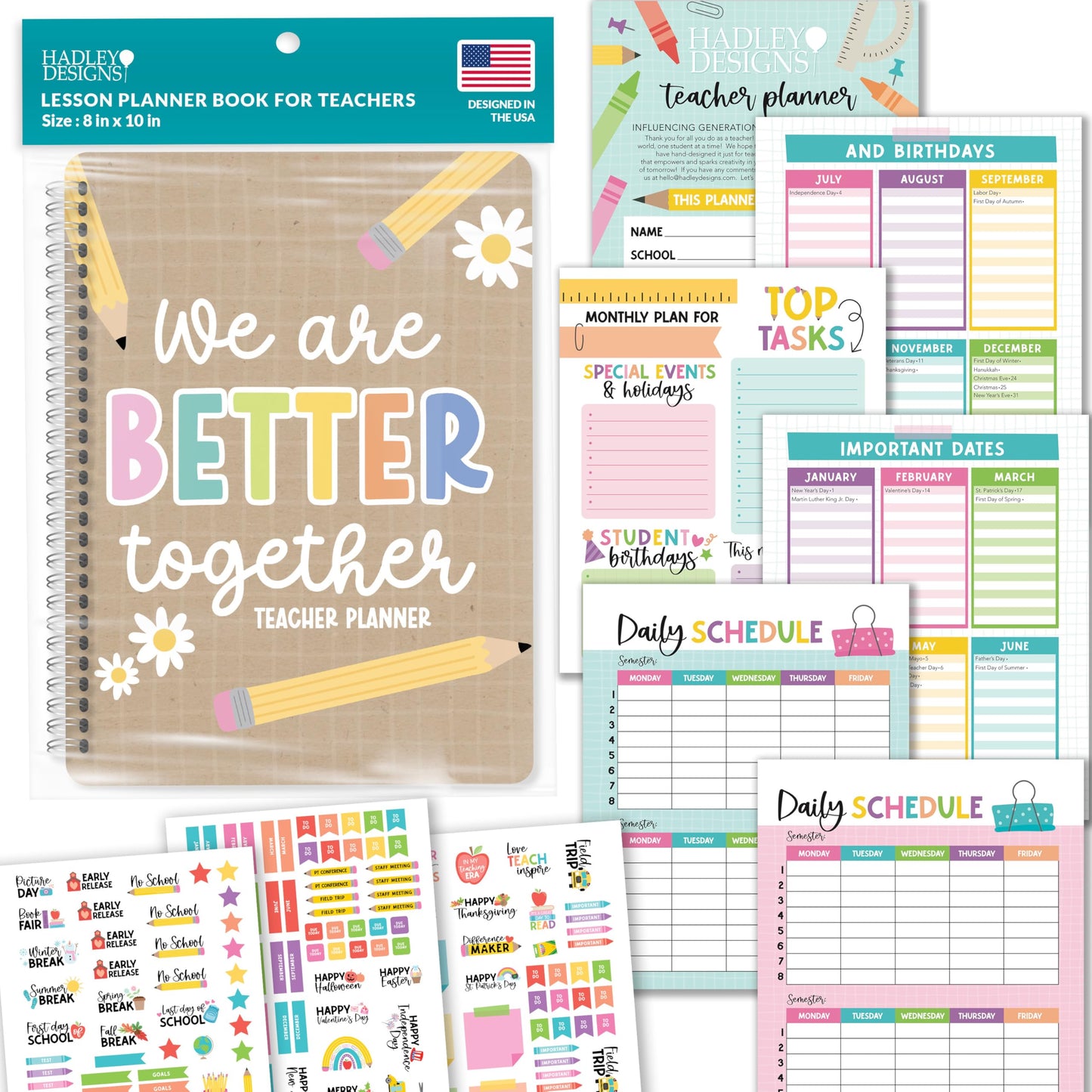 Hadley Designs Teacher Planner 2025-2026 – Lesson Planner Book for Teachers Must Haves, Undated Teacher Planners, Lesson Plan Notebook, Homeschooling Planners, Teachers Appreciation Gifts