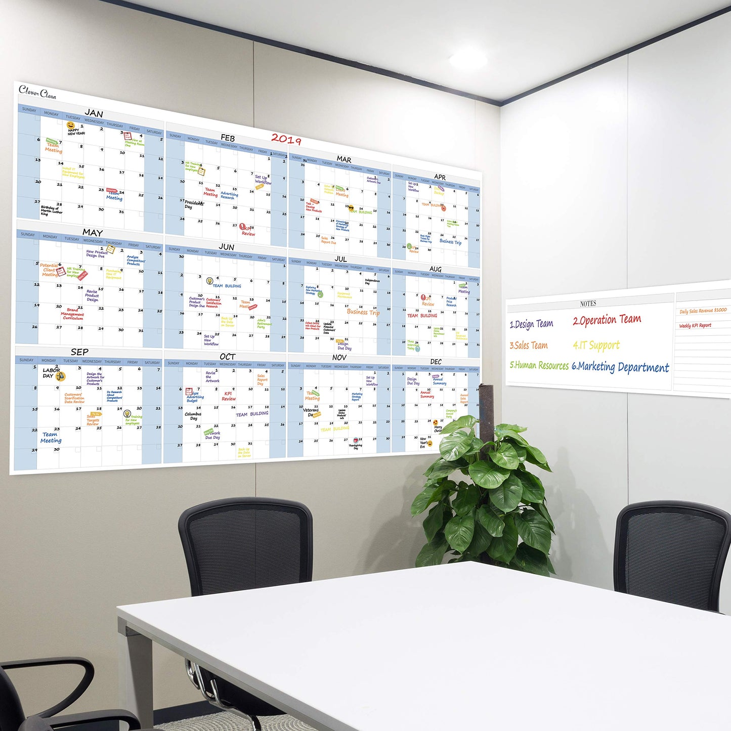 CLEVER CLEAN Large Dry Erase Wall Calendar 5 Feet- 48"x60" 2026 Undated Yearly Planner for Home, Office, School Projects - Jumbo Erasable Laminated Task Organizer