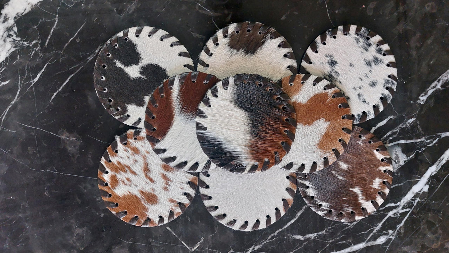 Cowhide Coasters Set of 6 pcs Round Natural Cowhides Drink Pads Hair On Genuine Leather Tea Cup Mats Home Decor & Home Living Ideas Multicolor Furry, Stain Protection