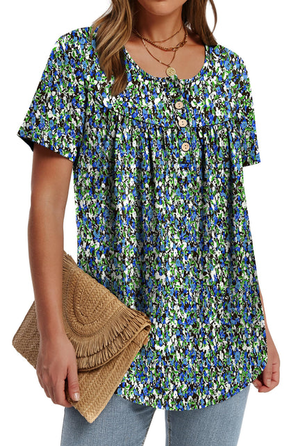WIHOLL Plus Size Tops for Women Dressy Summer Outfits Button Down Shirts Short Sleeve Spring Clothes Graphic Tees Floral Blue 2XL