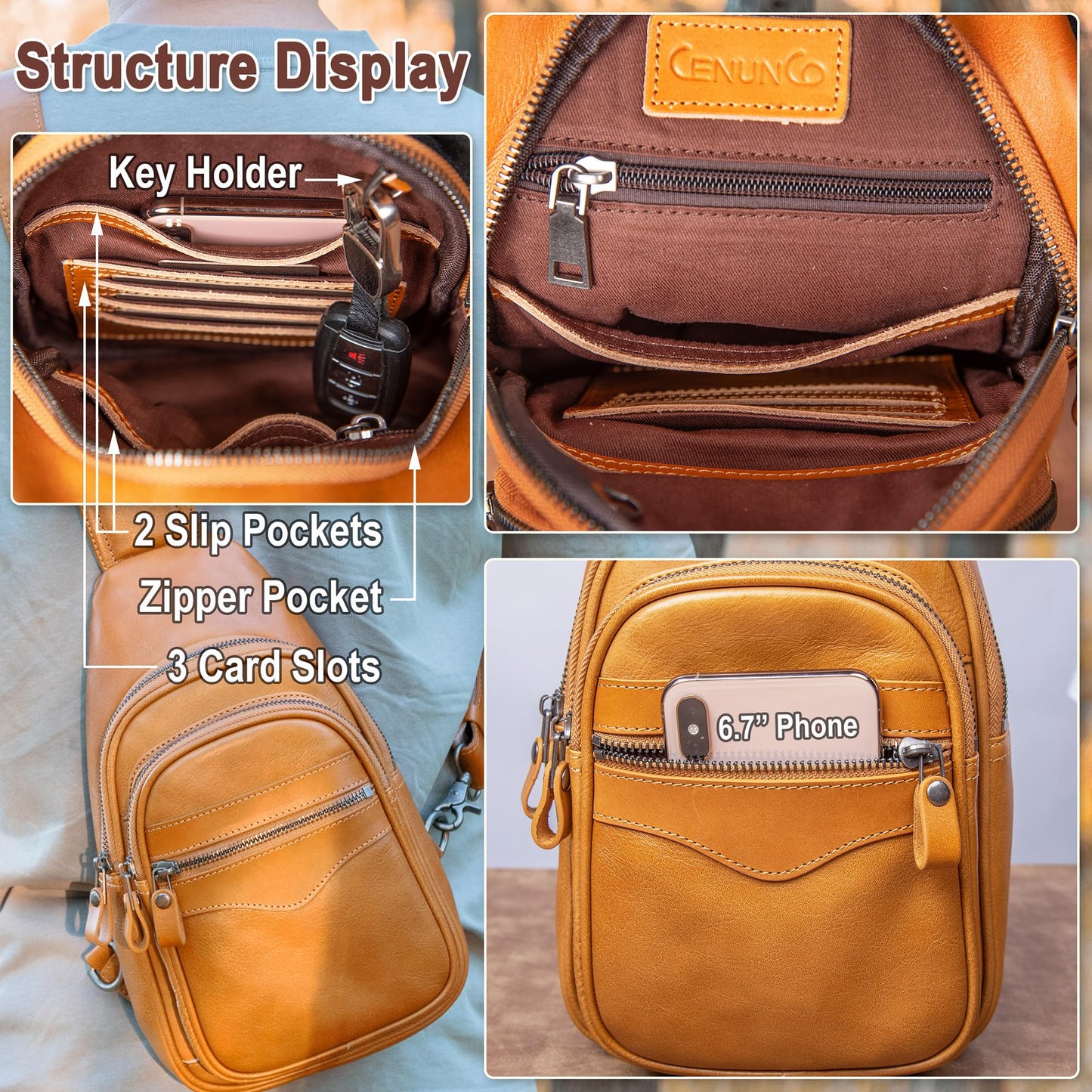 CENUNCO Genuine Leather Sling Bag for Men and Women Crossbody Shoulder Bag Sling Backpack Chest Purse Carry on Casual Daypack(Tan)