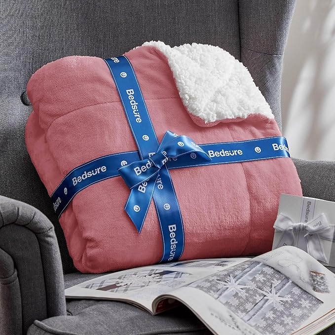 Bedsure GentleSoft Sherpa Fleece Blankets Queen Size for Bed - Thick and Warm Throw for Women, Soft Fuzzy Plush Queen Blanket for Winter, Dusty Rose, 90x90 Inches