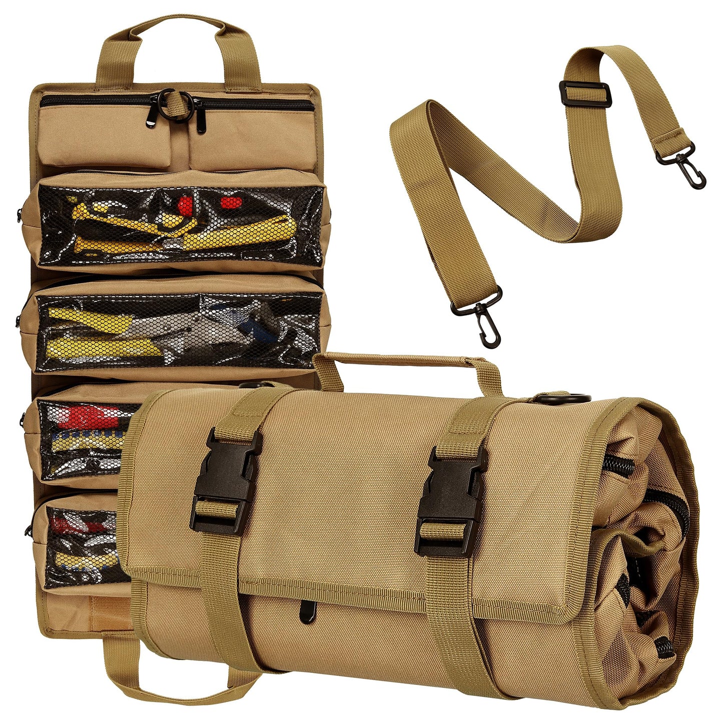 Tool Bag,Gifts for Men,Roll Up Tool Bag, Rollable Carrying Toolbag,Heavy Duty Tool Organizer, Foldable Empty Rollup Organizer with 2 Small Pouches (Khaki)