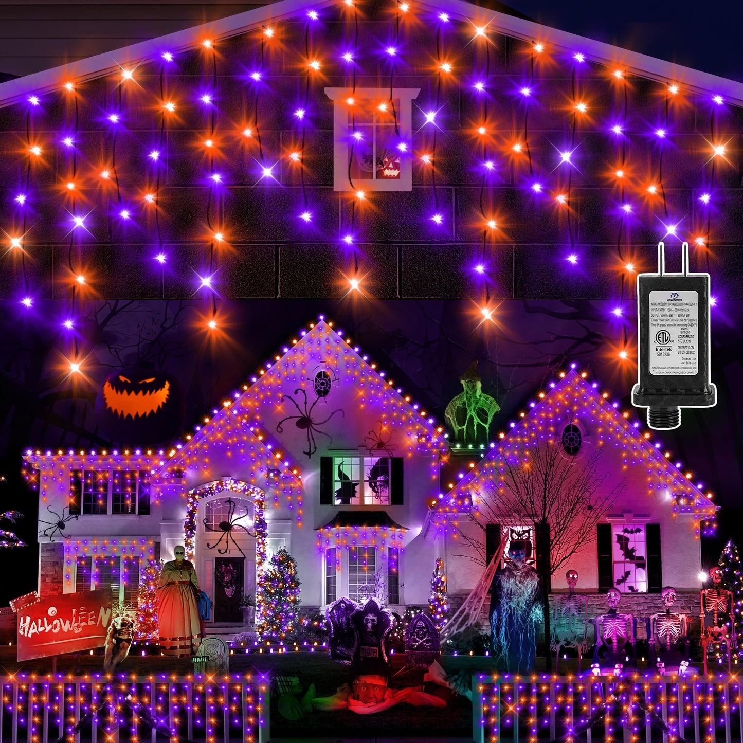 KNONEW 33FT 400 LED Orange Purple Halloween Lights Outdoor Black Wire String Lights with 75 Drops, 8 Lighting Modes, Timer Memory Function Connectable Hanging Curtain Lights for Halloween Party Decor