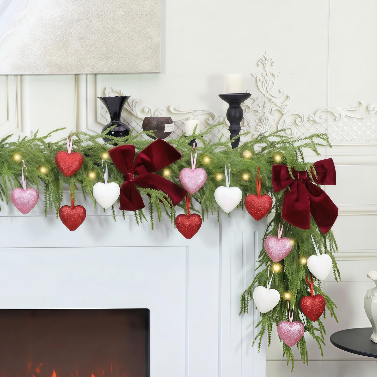 HipTree 9ft Christmas Garland with Lights,Lighted Norfolk Pine Garland for Mantle,Prelit Real Touch Artificial Greenery Christmas Winter Garland with Large Burgundy Velvet Bow for Indoor Outdoor Decor