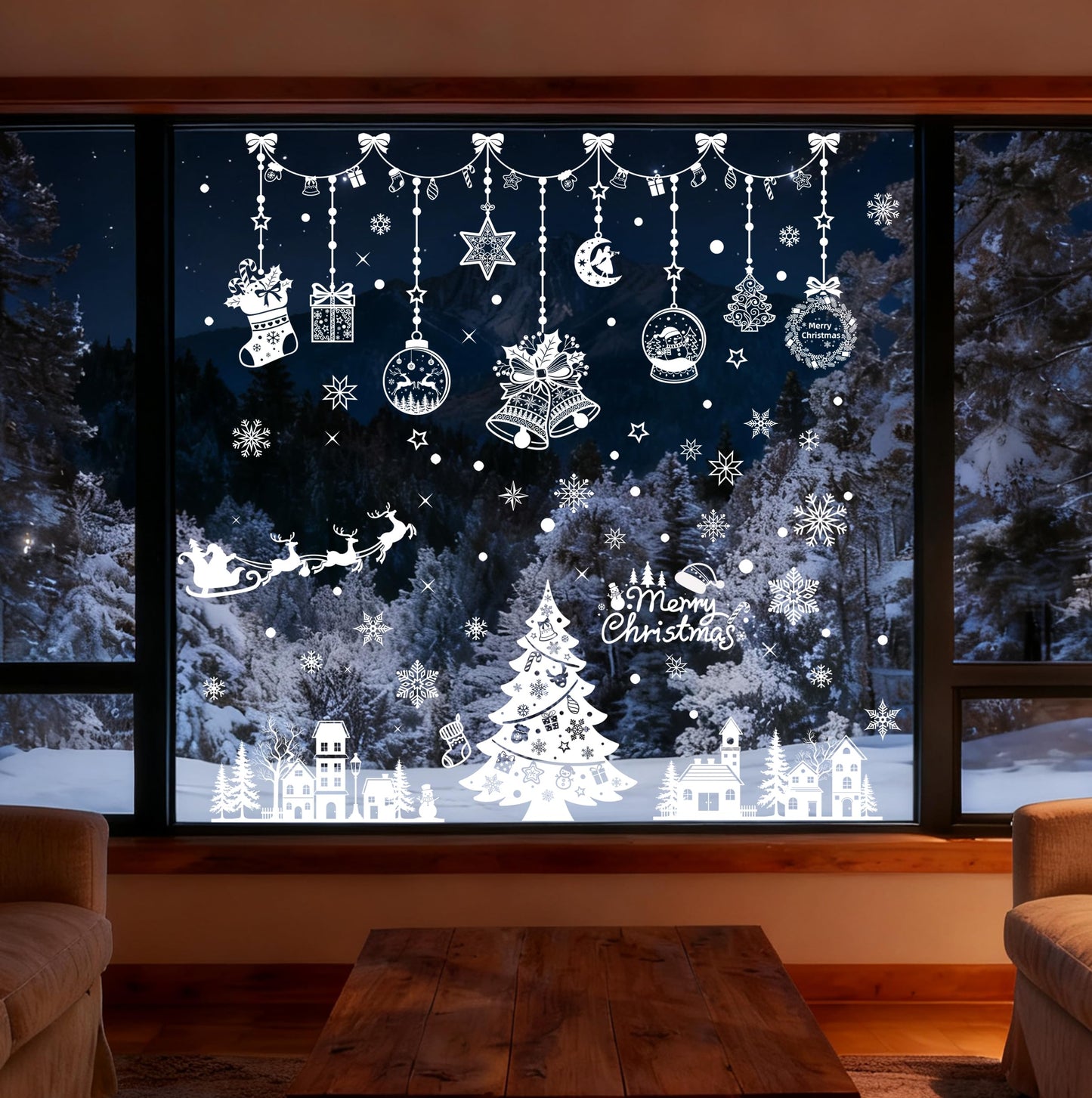 Christmas Window Clings, White Snowflake Tree Pattern PVC Static Decals Indoor Glass Decorations, 9 Sheets, 133 Pcs Xmas Window Clings Decals