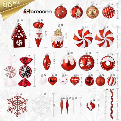 SHareconn 86pcs Christmas Tree Balls Ornaments, Shatterproof Plastic Decorative Baubles for Christmas Tree Decorations, Holiday Wedding Party Decoration, Festive Ornaments, Red White