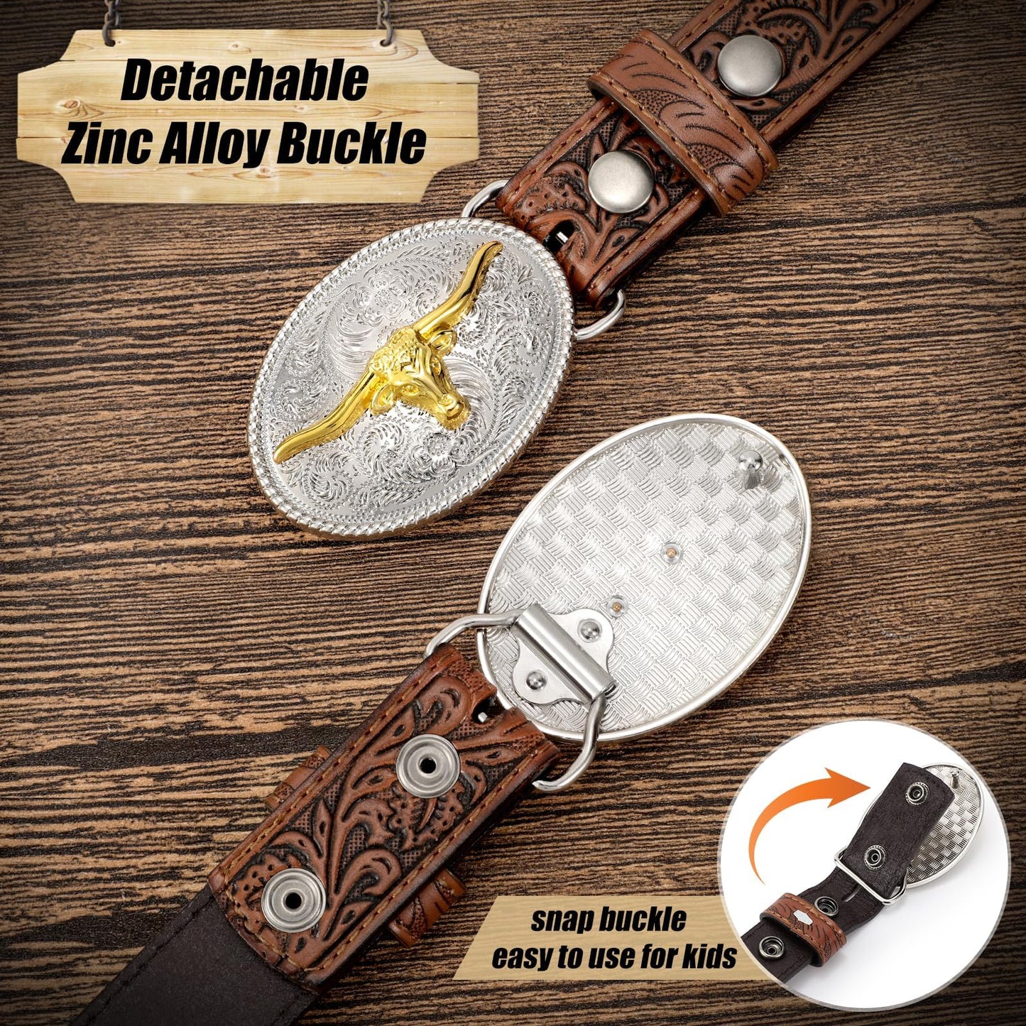 JKEEMI Kids Western Belt for Boys Girls, Embossed Genuine Leather Cowboy Cowgirl Belt for Jeans Pant Dresses Gift