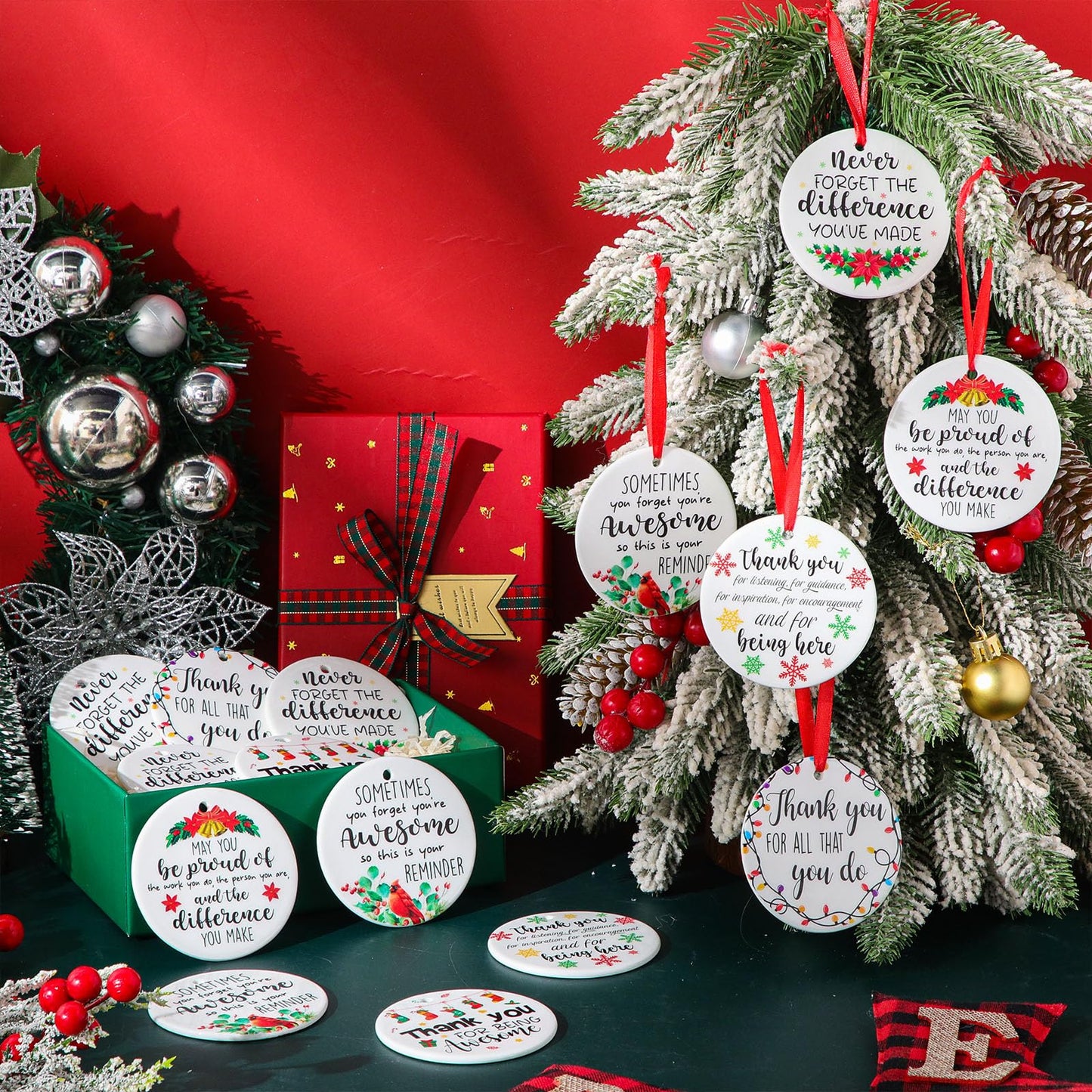 Barydat 24 Pcs Christmas Ornaments Employee Appreciation Gifts Bulk for Coworkers, Christmas Tree Ceramic Plaque Hanging Ornaments with Rope for Xmas Thanksgiving Teachers Nurses Gifts (Classic)