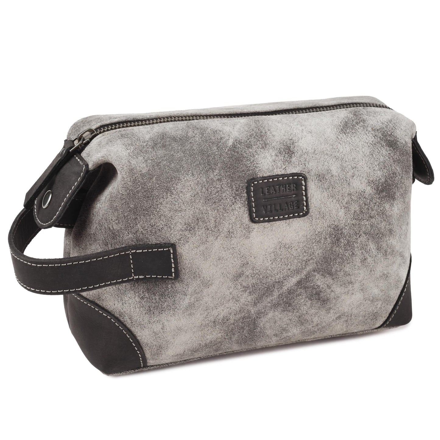 LEATHER VILLAGE Genuine Leather Dopp Kit for Men & Women with Waterproof Lining – Distressed Travel Toiletry Bag, Shaving & Bathroom Essentials Organizer - Distressed Grey