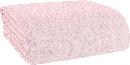 BELIZZI HOME 100% Cotton Bed Blanket, Breathable Thermal Blanket Full - Queen Size, Soft Chevron 90''x90'', Perfect for Layering Any All Season, Pink