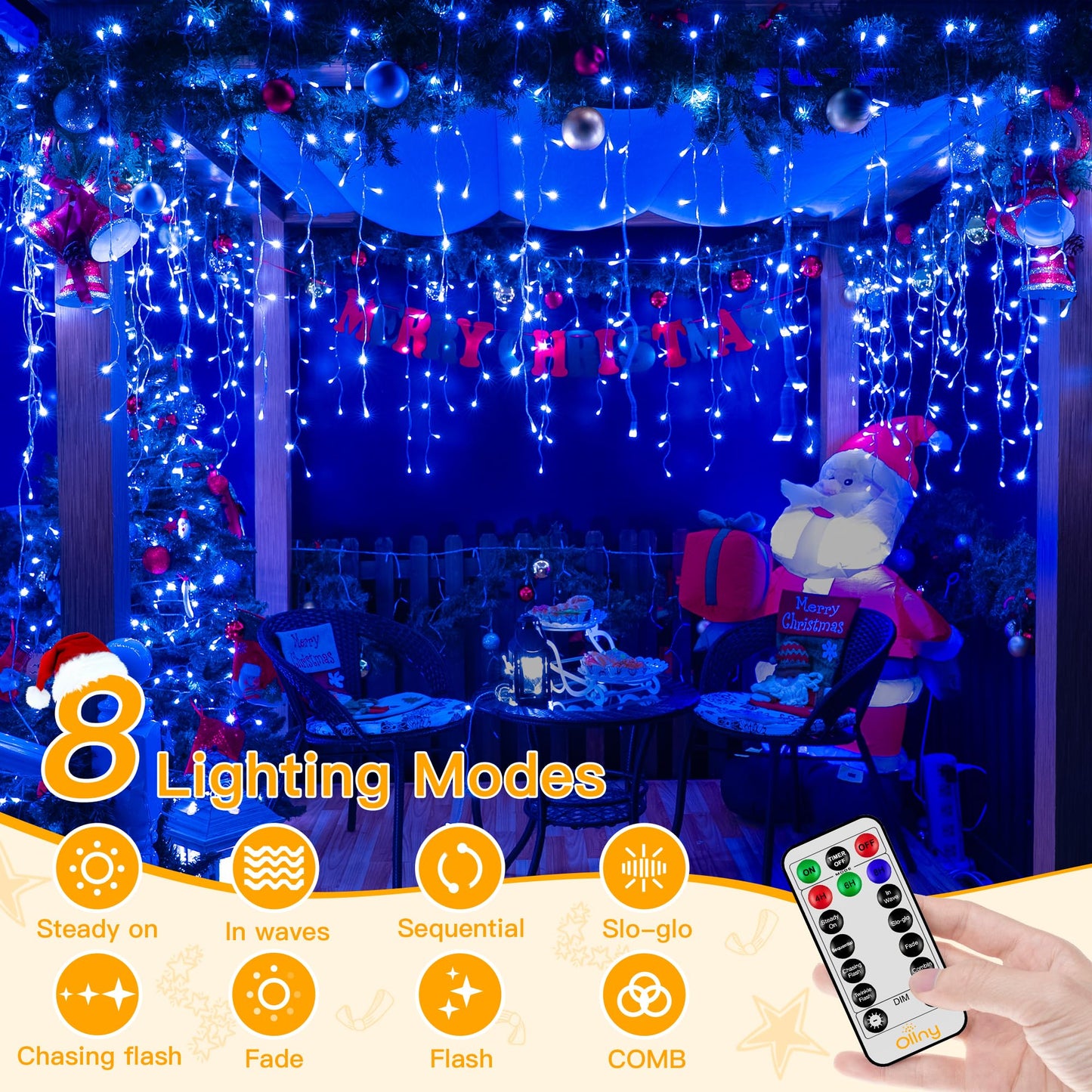 Ollny Icicle Lights for Outside 720LED 60FT, Blue Christmas Lights with Remote 8 Modes Dimmable, Waterproof Connectable Timer Hanging Light for House Outdoor Yard Indoor Decorations