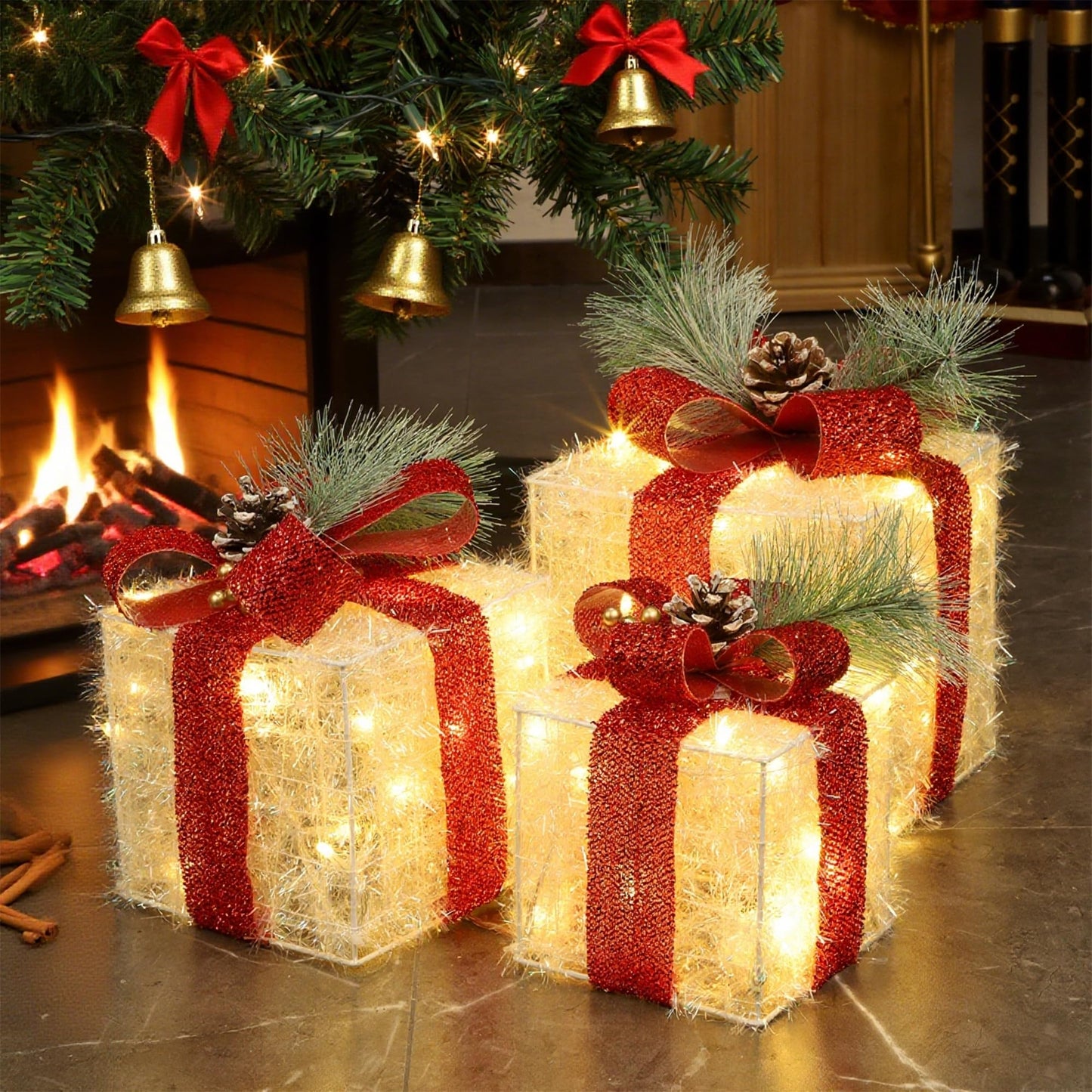 Teoytm Set of 3 Christmas Lighted Gift Boxes Decorations, Lighted Present Box for Christmas Under Tree Indoor Decoration