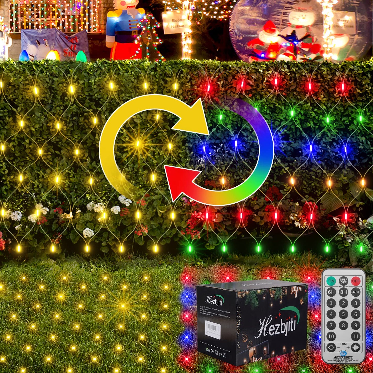 Hezbjiti Christmas Color Changing Net Lights 200 LED 9.8ft x 6.6ft String Lights with 11 Modes and Christmas Tree Fairy Light Hanging Lights for Background Lawn Outdoor (Warm White to Multi Color)