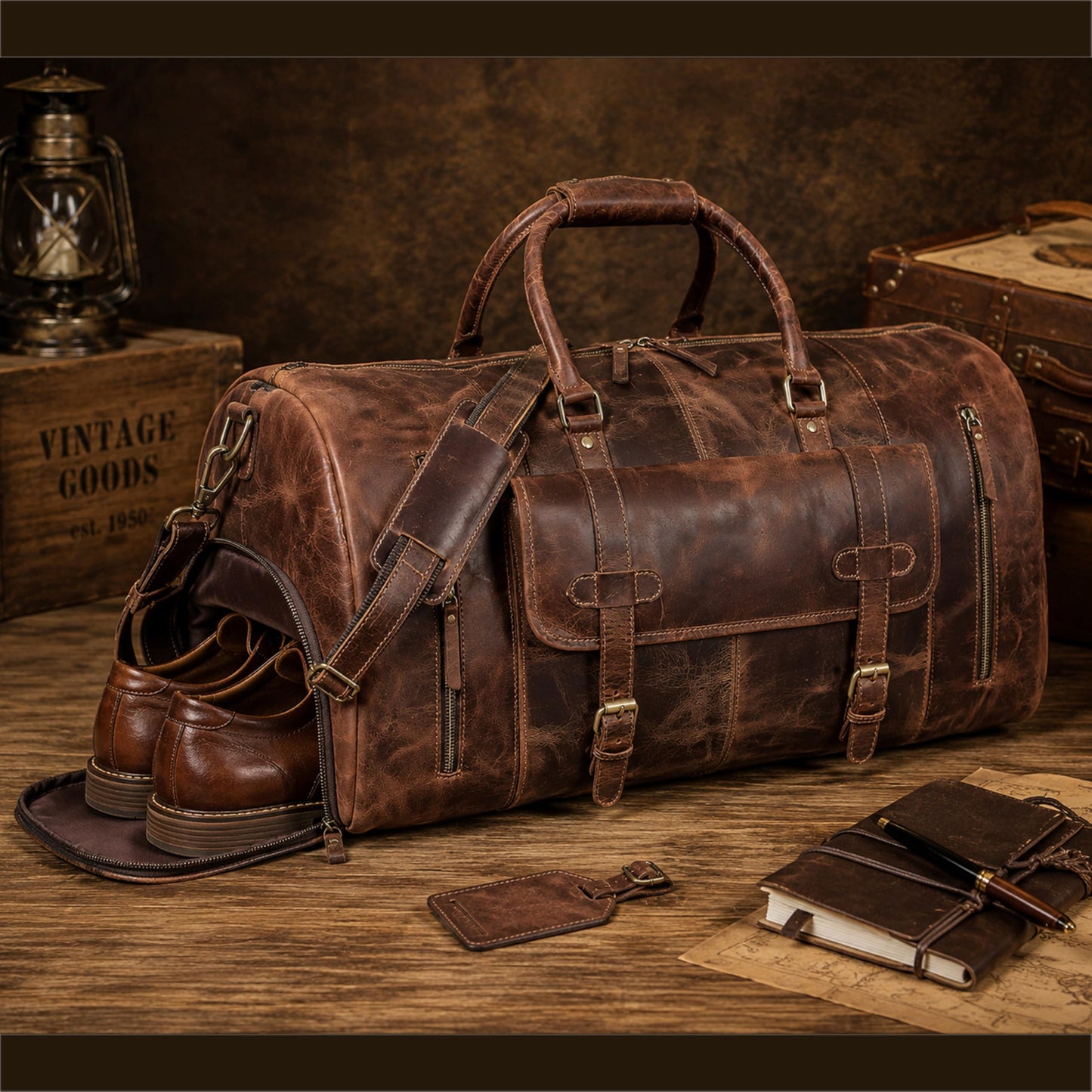28" Large leather Travel Bag Duffel bag Gym sports flight cabin bag Leather Holdall Overnight Weekend Large luggage bag (28 inch)