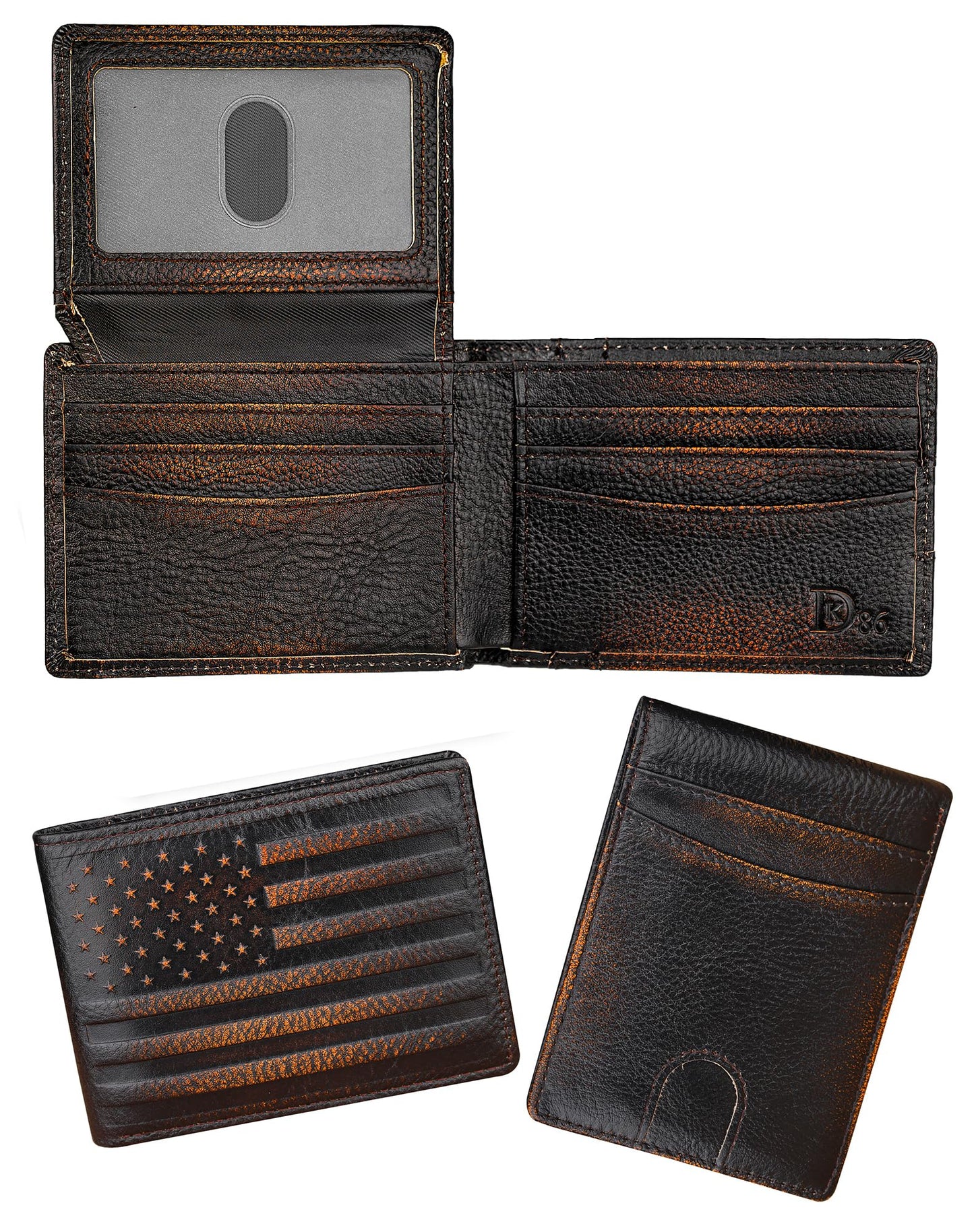 DK86 Wallet for Men Slim Rfid Bifold Genuine Leather 2 ID Window With Gift Box (black brown with US flag)
