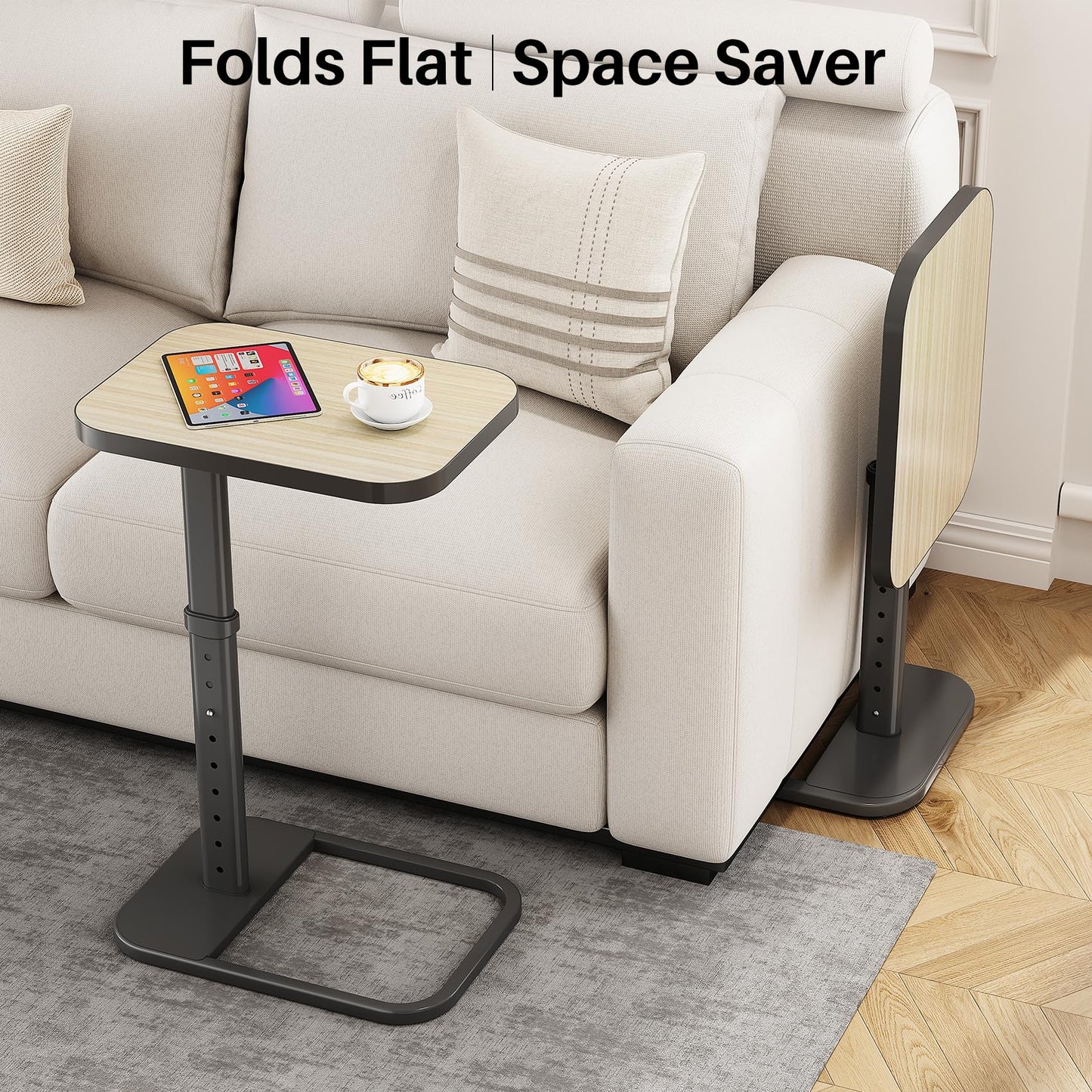 Kitstorack Upgraded TV Tray Table with Panel Lock, Adjustable Height & 90° Flip-Over Design, Sofa Arm End Side Table for Eating, Dinner, Snack, Laptop, Couch, Bed, Chair or Small Spaces, Gray