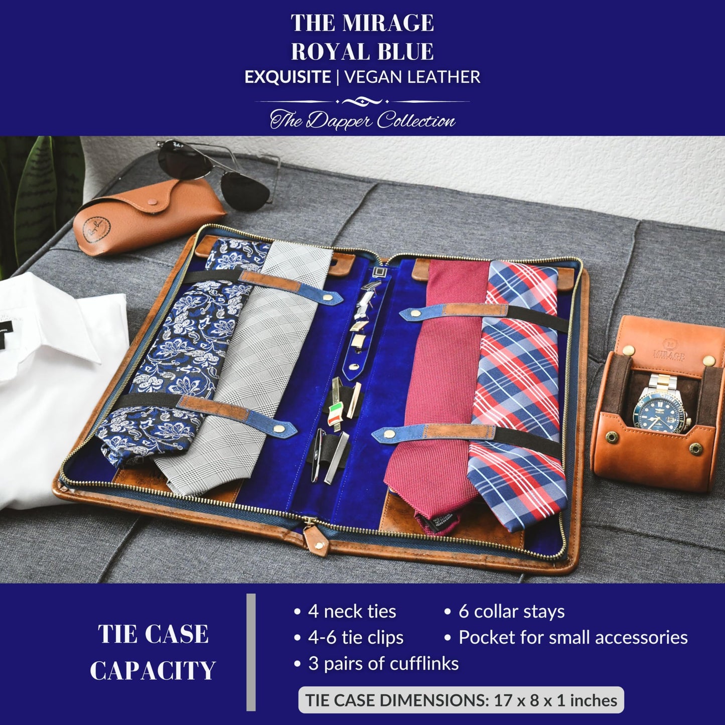 Mirage Royal Blue Tie Travel Case Necktie Holder Organizer with Jewelry Case Pocket for Small Dress Accessories