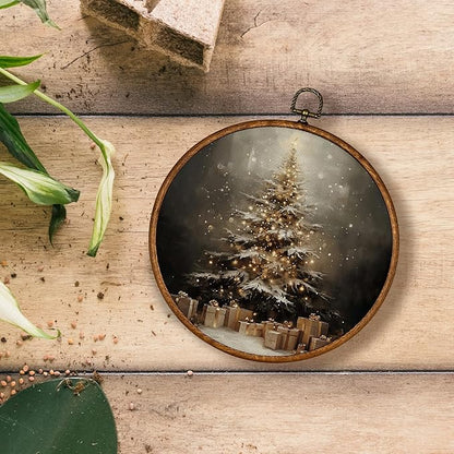 KSDUT Vintage Christmas Wall Decor Art - Vintage Christmas Tree Wall Art Canvas Frame Hanging Prints, Merry Xmas Holiday Round Wall Art Decor for Home Farmhouse Decorations 10"x10"