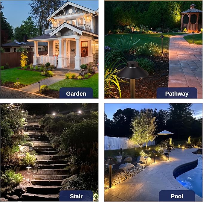 Gardenreet Solid Cast Brass Pathway Light - 12v LED Landscape Path Lights Outdoor Waterproof IP65, Electric Pathlights Wired, Hat Shape Black for Garden Decorations G4 Bulb Not Included (12 Pack)