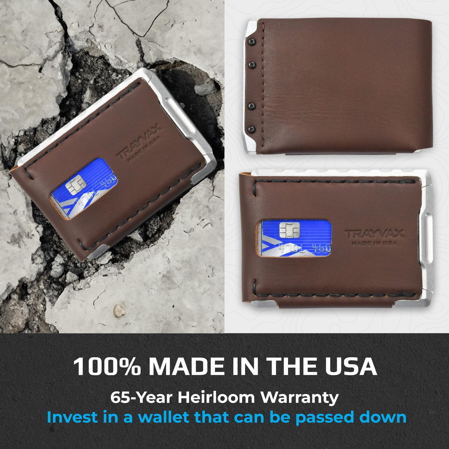 Trayvax Venture Billfold Wallet, Front Pocket Money and Credit Card Holder, Minimalist Slim Leather Metal Wallet for Men and Women, Frontier Brown Leather