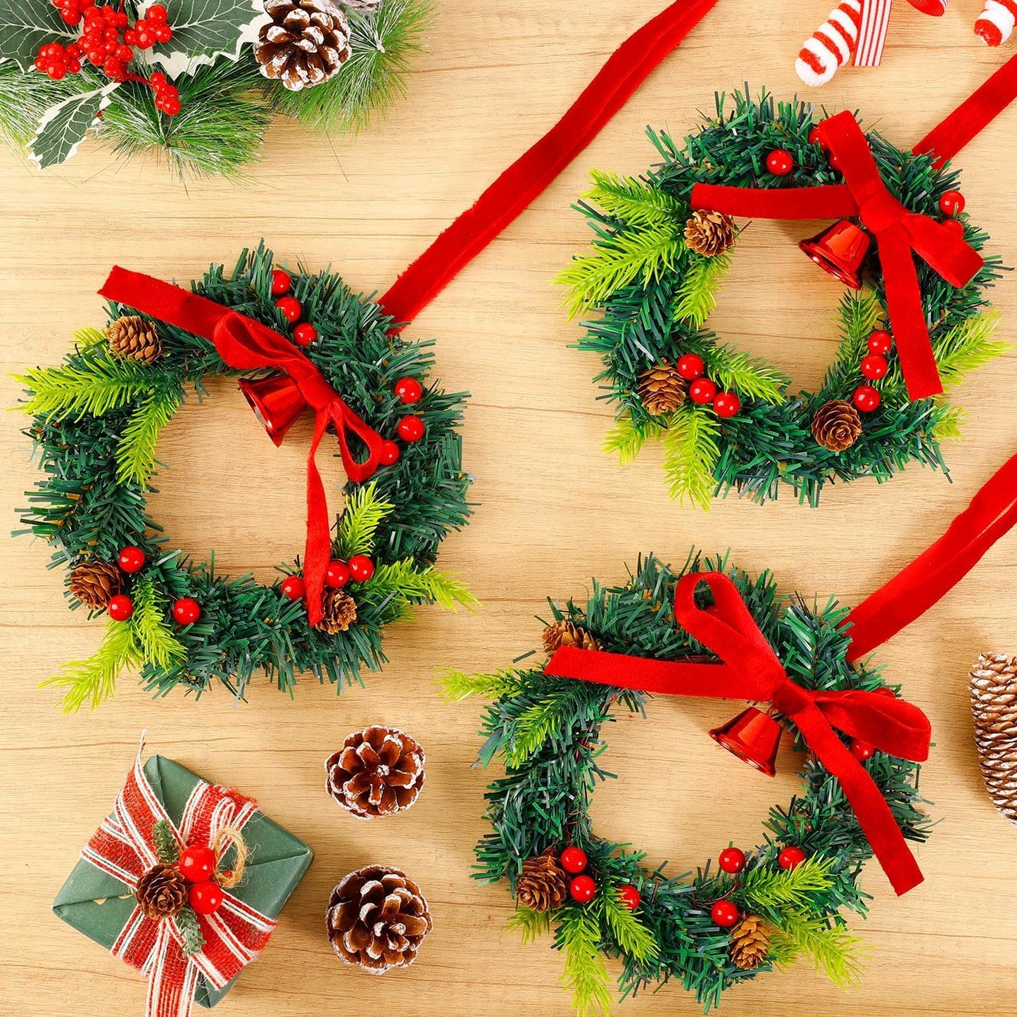 Wurosi 8 Pcs Mini Christmas Wreath, 7.87 Inch Christmas Kitchen Cabinet Wreaths with Velvet Ribbon and Berry, Small Christmas Wreaths for Cabinets Window Front Door Porch Wall Decor