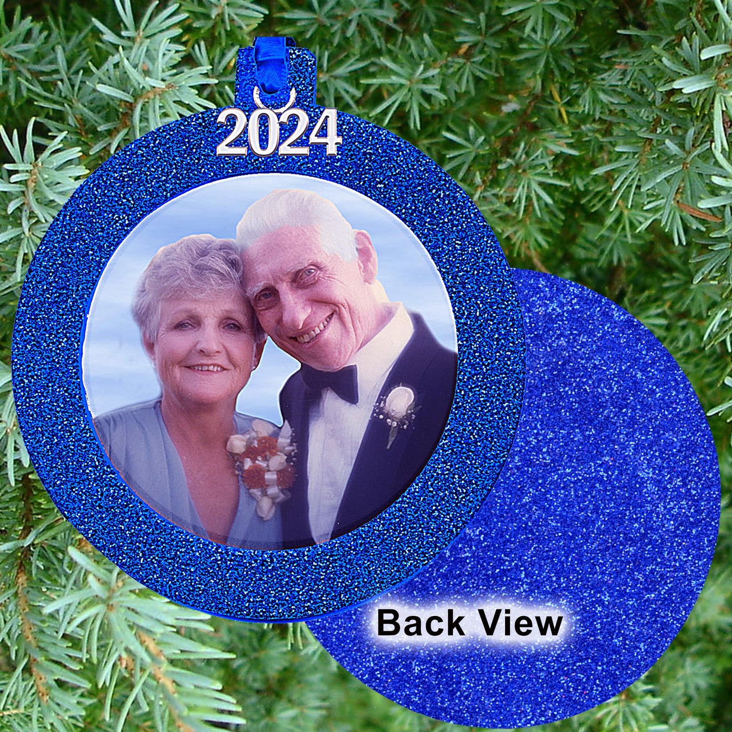 2024 Photo Ornaments for Christmas Tree, Sparkly Glitter Christmas Frame Ornament, Easy-Load Magnetic Design, Includes Satin Ribbon with Silver Charm Plus Photo Protector, Round, Blue