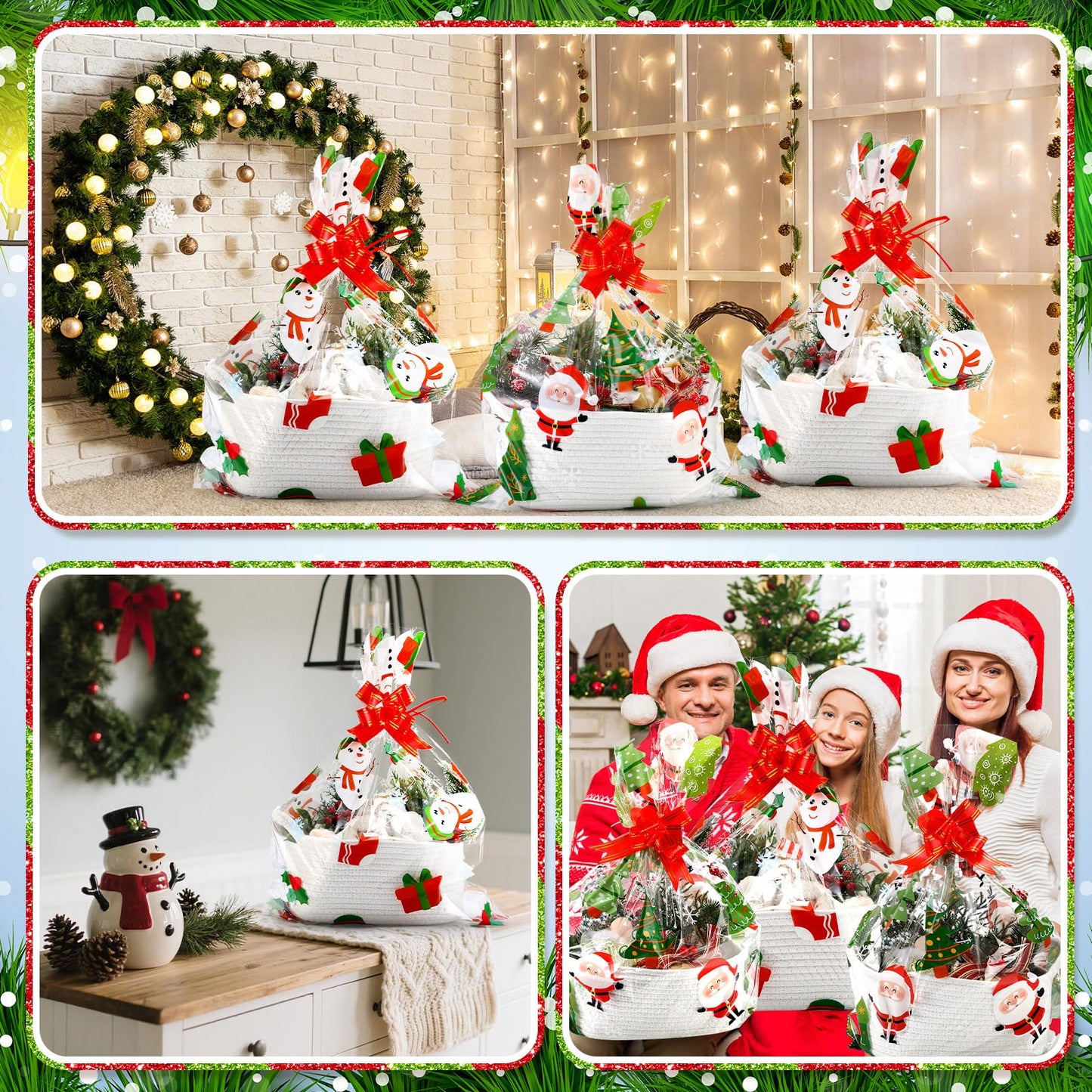 Teenyyou 18 Pcs Christmas Woven Baskets with Cellophane Gift Bags Bows 11 x 7 x 4 Inch Christmas Tree Empty Rope Basket Santa Claus Empty Decorative Storage Box for Gift Wrapping Xmas Party Decor