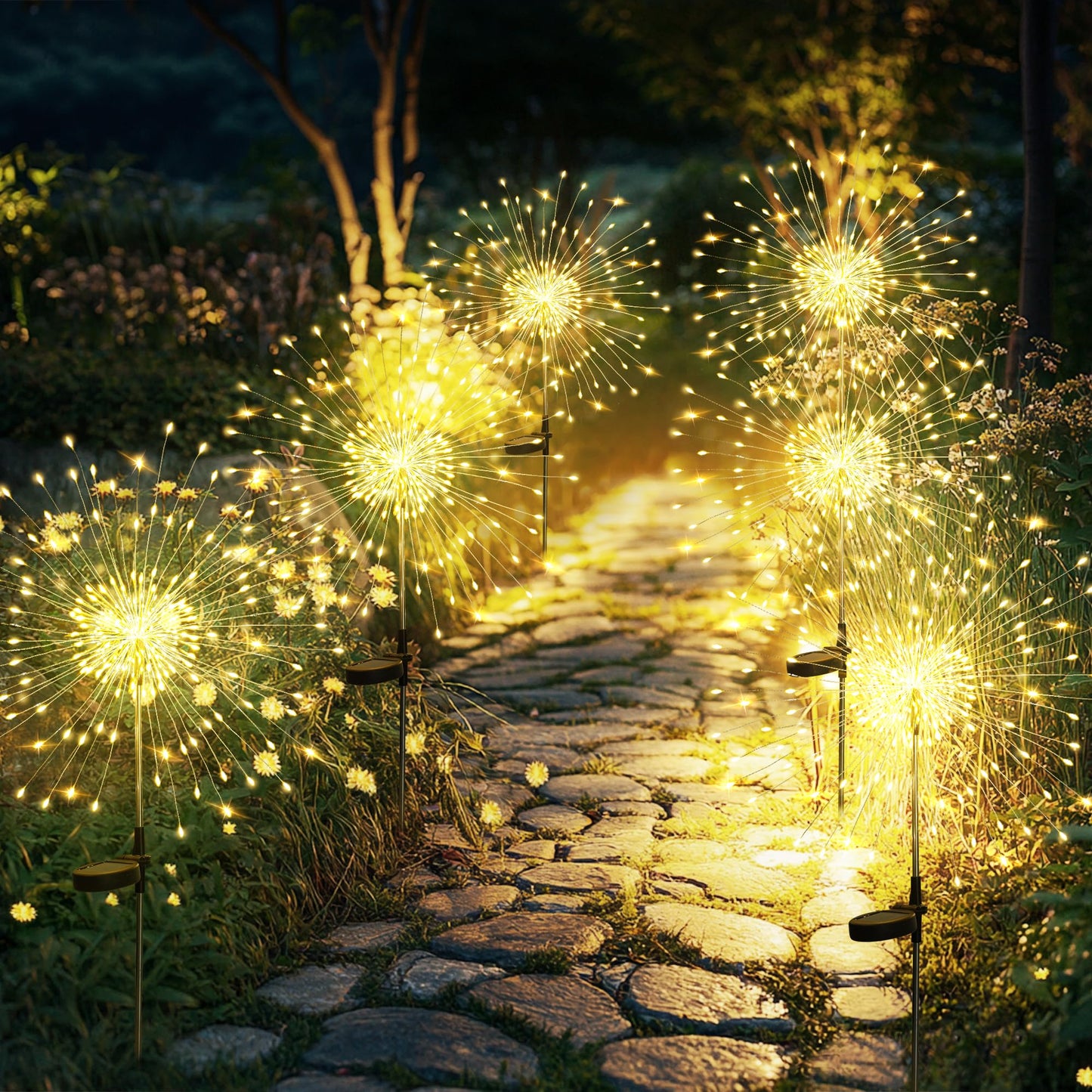 GIGALUMI Garden Decor Outdoor Lights 120LED 6Pack, Solar Garden Lights Outside Fairy Firework Decorative,Solar Powered for Yard Pathway Flowerbed Planter Balcony Patio 4th of July Decor (Warm White