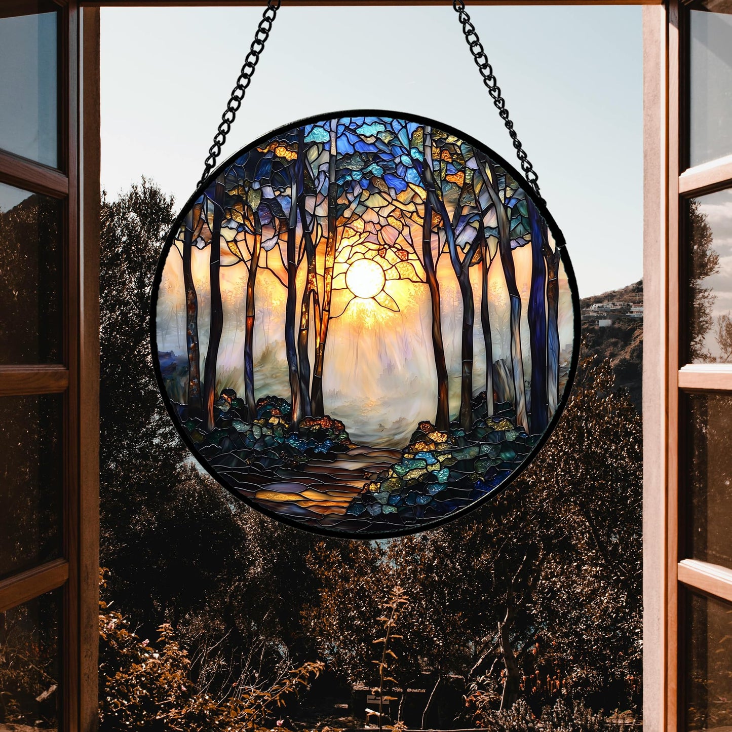 DASTOLL Stained Glass Window Hanging, Forest Sunrise Smoke Blue Brown Tree Suncatcher for Doors Window Home Landscape Sun Catchers Decor Mother's Day Birthday Gifts for Women, Men Mom 7.8 in