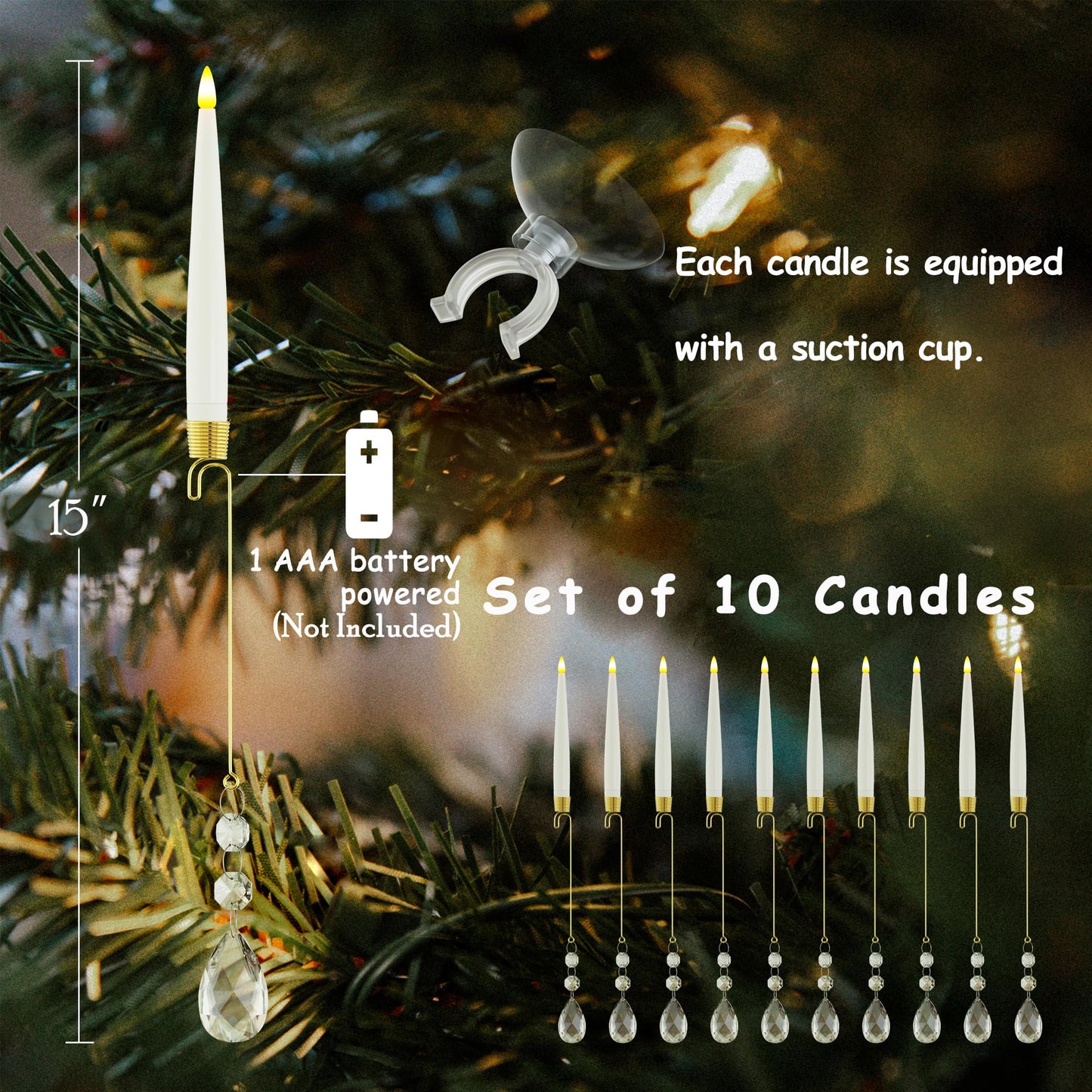 JOIONE Flameless Christmas Tree Candles with Remote, 10 Pack Battery Operated LED Candles with Suction Cup for Christmas Tree, Flickering Flame for Xmas Indoor Decor - Water Drop