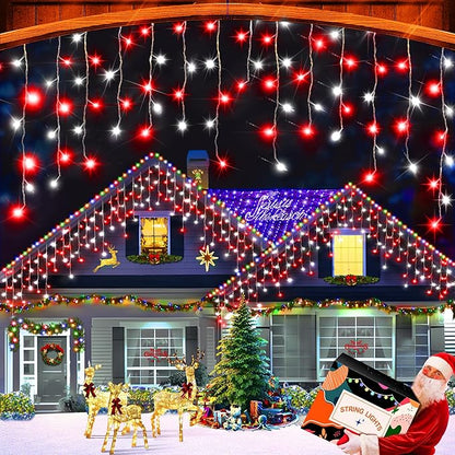 XURISEN 66ft Christmas Lights Decorations Outdoor, 640 LED 8 Modes Curtain Fairy Lights with 120 Drops,Plug in Waterproof Timer Memory Function for Christmas Holiday Wedding Party Decor(Red+White)