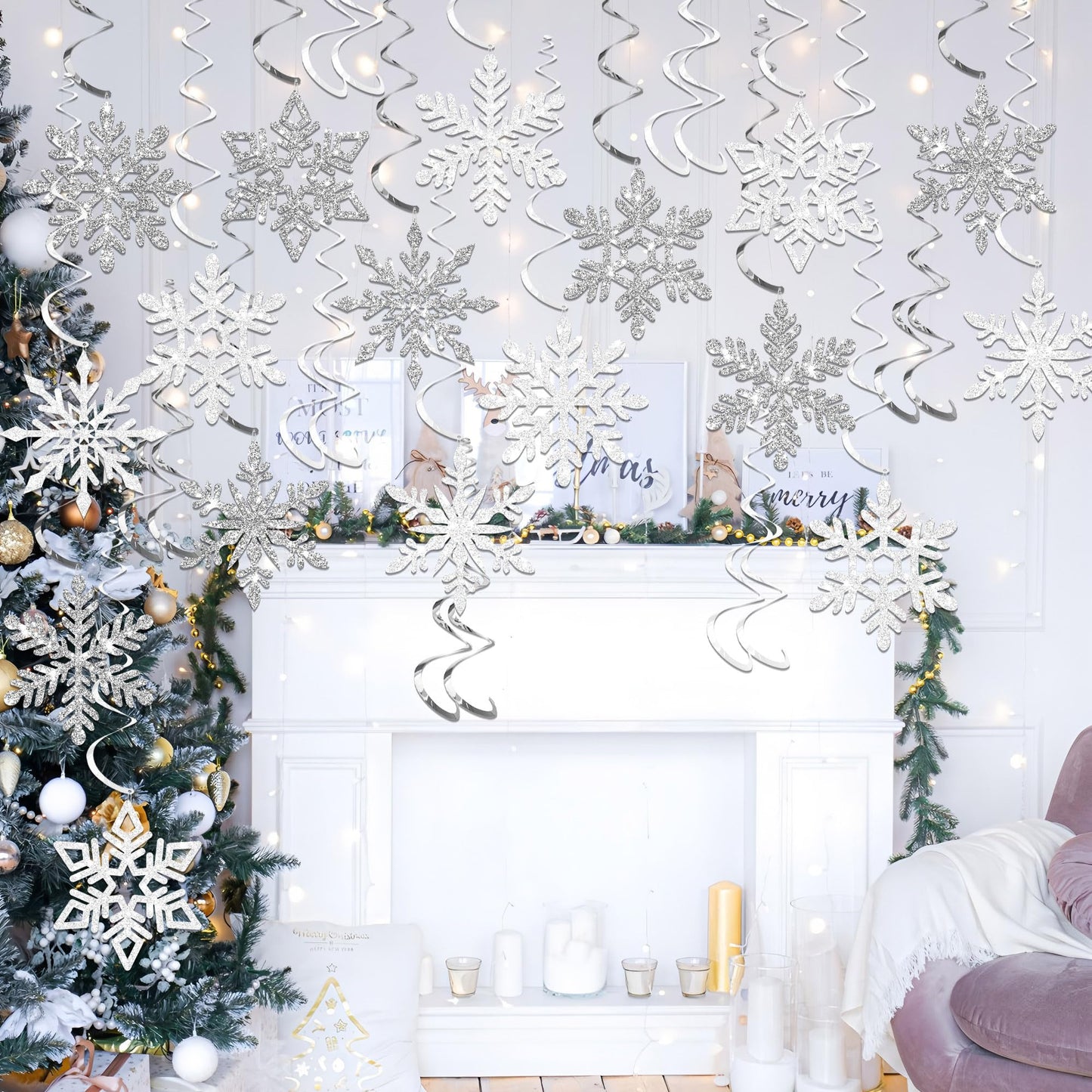 32 PCS Pre-Strung Winter Snowflake Hanging Swirl Decorations White Silver Glitter Snowflakes Hanging Swirls Christmas Snowflake Ceiling Streamers for Winter Wonderland Home Party Supplies