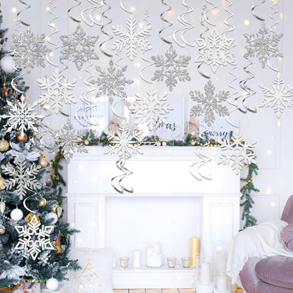 32 PCS Pre-Strung Winter Snowflake Hanging Swirl Decorations White Silver Glitter Snowflakes Hanging Swirls Christmas Snowflake Ceiling Streamers for Winter Wonderland Home Party Supplies