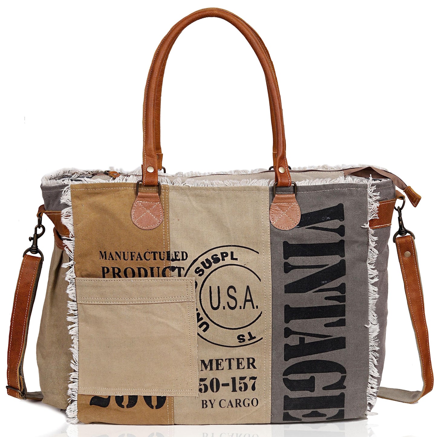 CLA Bags SEL de MER Large Upcycled Canvas & Cowhide Leather Crossbody Tote Handbag for Women (Cream & Grey Color)
