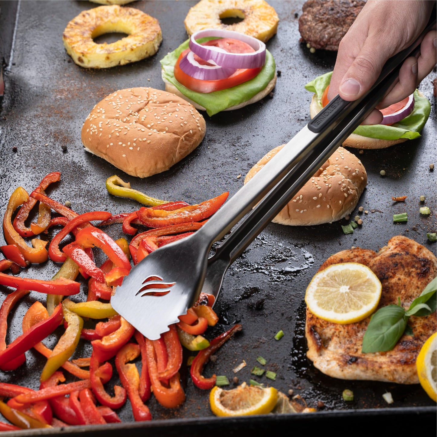 Blackstone 5464 Griddle Tool Kit Outdoor Indoor Grill BBQ Utensils Cooking Accessories-Heat Resistant– 2 Long Spatulas, 2 Angled Scraper Classic Tong, 1 (32oz) Squeeze Bottle, Black, Silver, White
