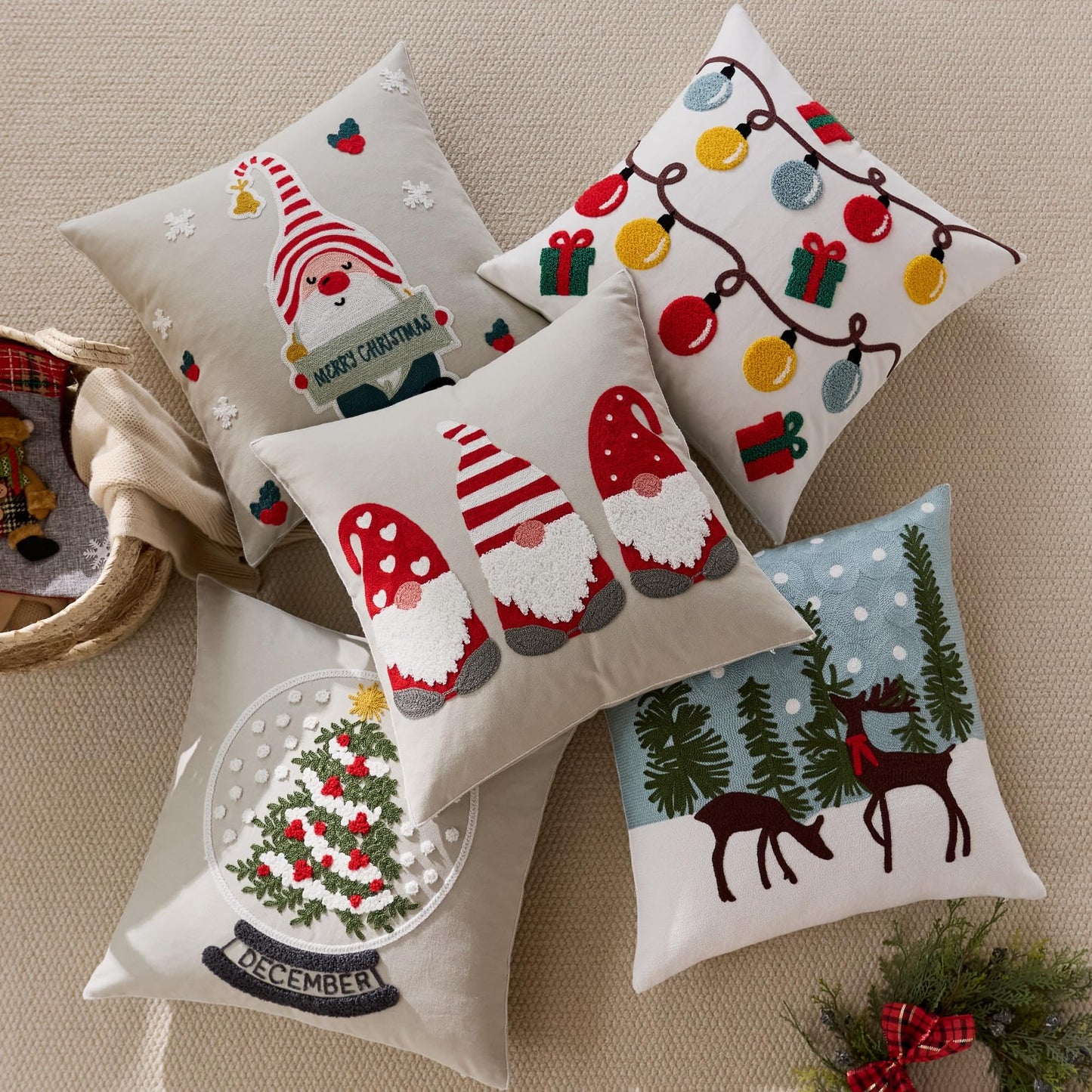Farmhouse Christmas Pillow Covers 18x18 Set of 2, Xmas Embroidered Throw Cushion Cases with Festive Patterns for Rustic Home Holiday Decor (Snow Globe Christmas Tree, 18" x 18" (Pack of 2))