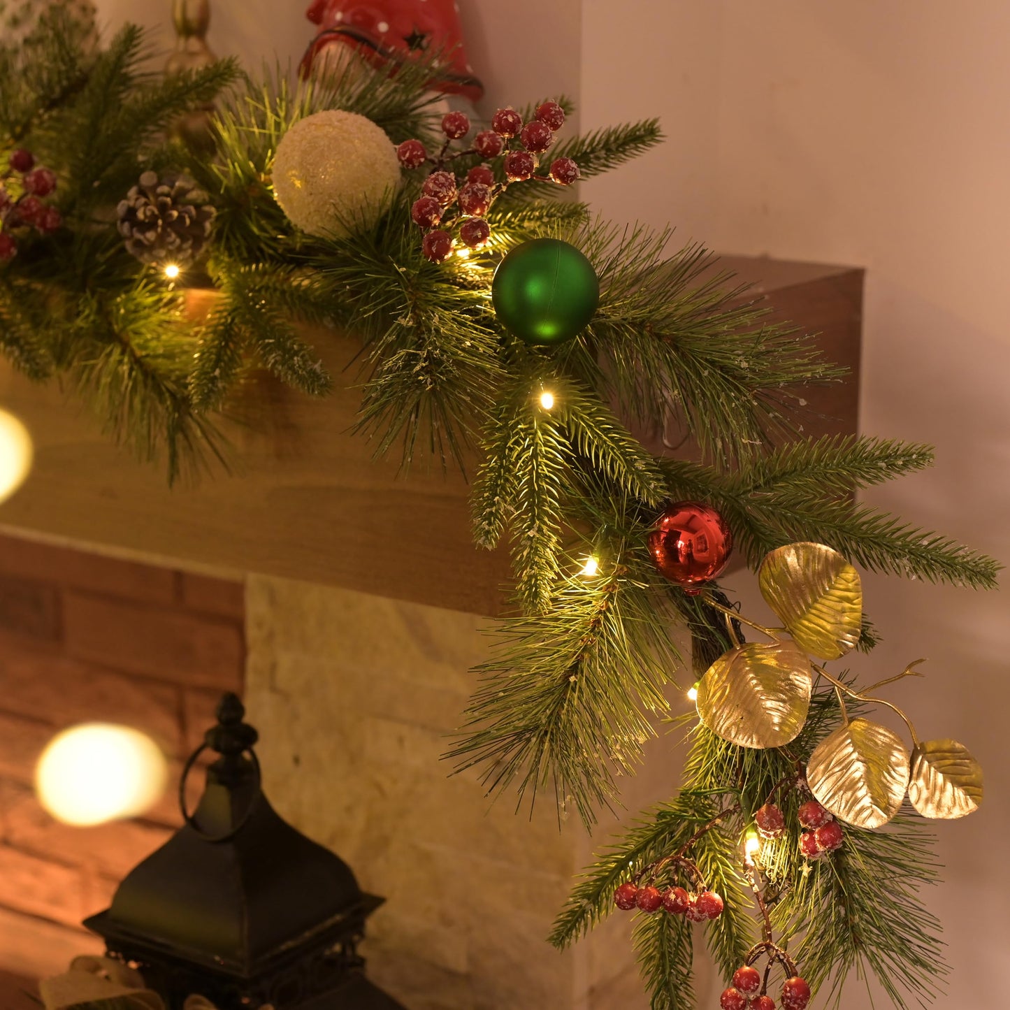 Valery Madelyn 6 Ft Pre-Lit Christmas Garland with Light for Mantle, Lighted Outdoor Xmas Garland with Red Green Gold Ball Norfolk Pine for Home Stairs Fireplace Table Centerpiece Indoor Holiday Decor