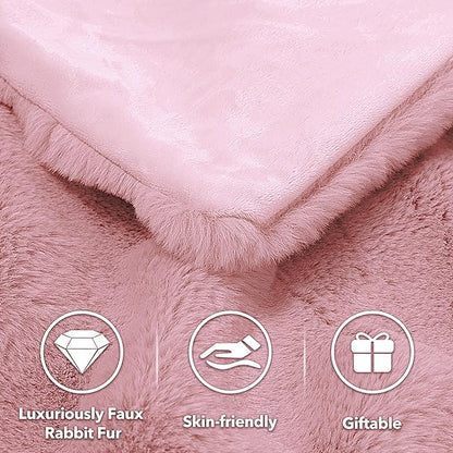 Touchat Luxury Faux Rabbit Fur Throw Blanket for Couch,Super Heavy Warm Cozy Blanket for Sofa Bedroom Living Room,Ultra Soft Fluffy Reversible Plush Blanket for Home Decor Gifts,Pink