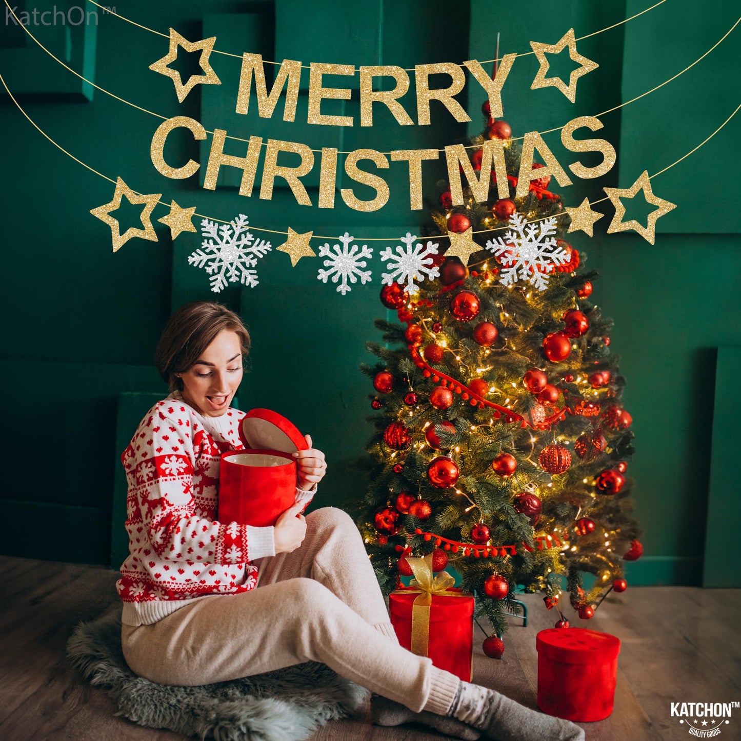 KatchOn, Glitter Merry Christmas Banner Indoor - Large 10 Feet, 3 Strings | Snowflake Garland | Merry Christmas Decorations | Xmas Decorations | Winter Party Decorations | Merry Christmas Garland