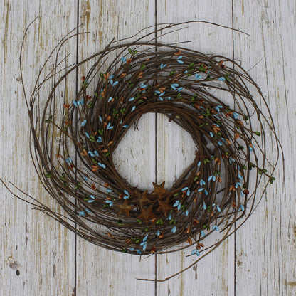 CVHOMEDECO. Primitives Rustic Pip Berries and Twig with Rusty Barn Stars Wreath, 12-Inch, Country Mix