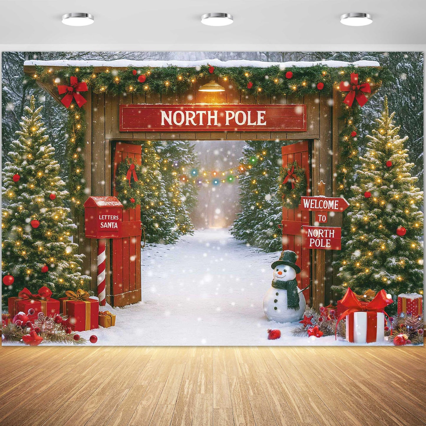Fluzimir Christmas Photography Backdrop 8x6ft – Rustic Snowy Forest Barn Door with Xmas Tree, North Pole Winter Scene Fabric Photo Background for Family Party, Baby Holiday Photos