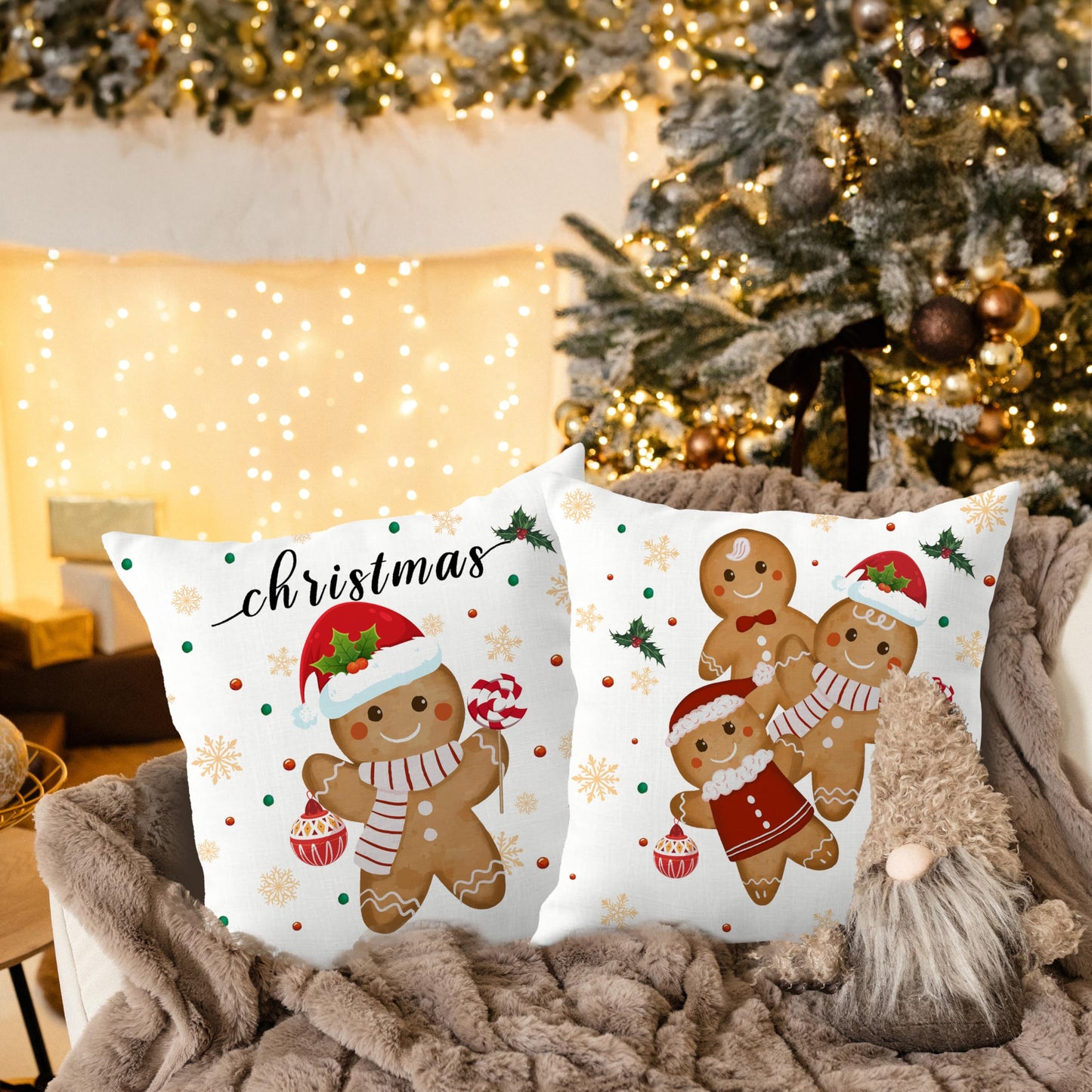 ROXMART Winter Christmas Gingerbread Pillow Covers 18x18 Set of 2, Gingerbread Christmas Decor, Holiday Winter Xmas Ginger Bread Decorative Pillow Covers for Couch Sofa Bedroom Living Room Home